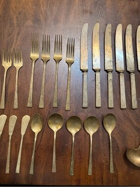 Vintage Dirilyte Flatware Set Gold Tone Mid Century Modern Utensils 20+ Pieces